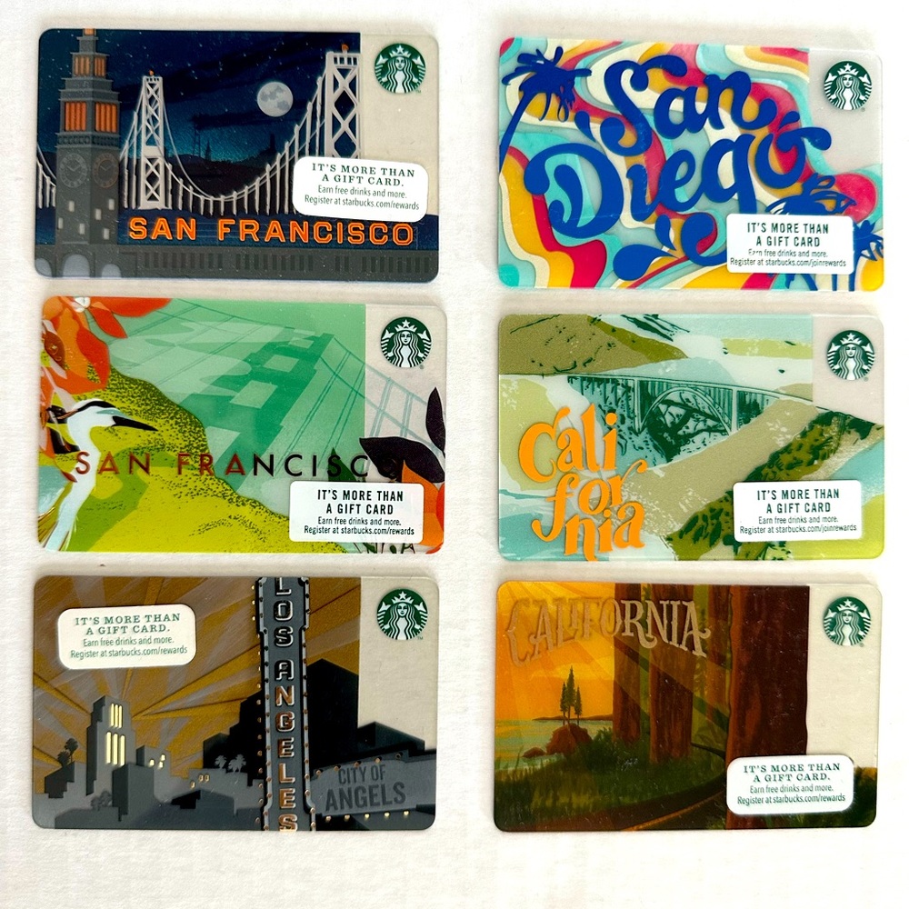SIX COLLECTIBLE STARBUCKS CARDS - CALIFORNIA THEMED